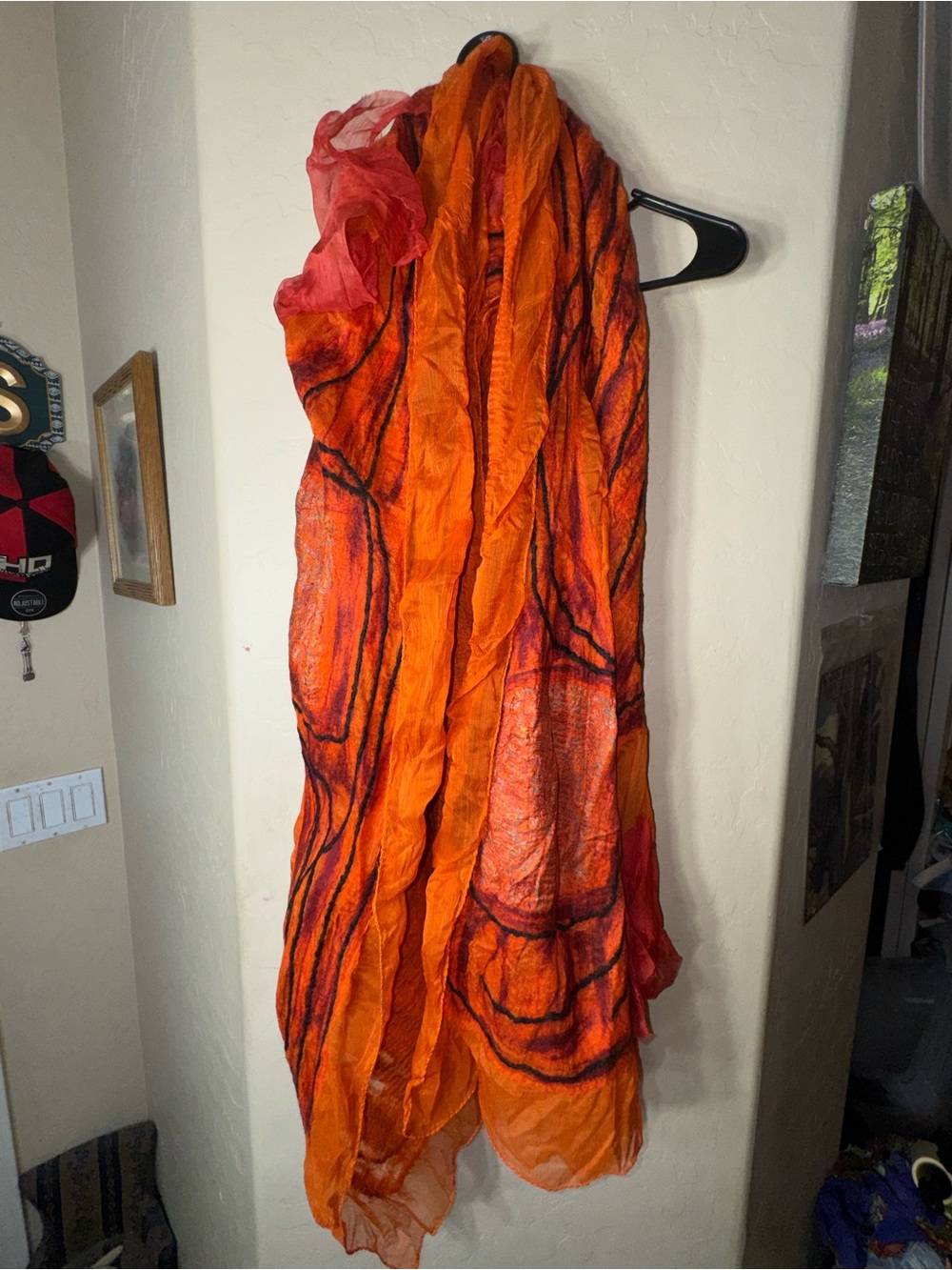 Pomegranate Moon Felted Scarf Shawl Wrap Orange Red Merino Wool Chiffon Blend